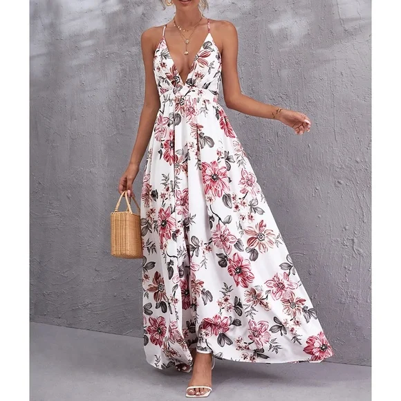 sachin and babi light blue dress MBM Unlimited Dresses | White Floral Deep V Criss Cross Back Flowy Cami Maxi Dress | Color: White | Size: Xs